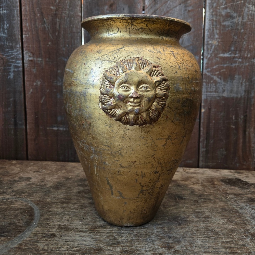 Vintage Florentine Sun Face Vase Handmade Terracotta Gold Finish Celestial - Picture 8 of 12